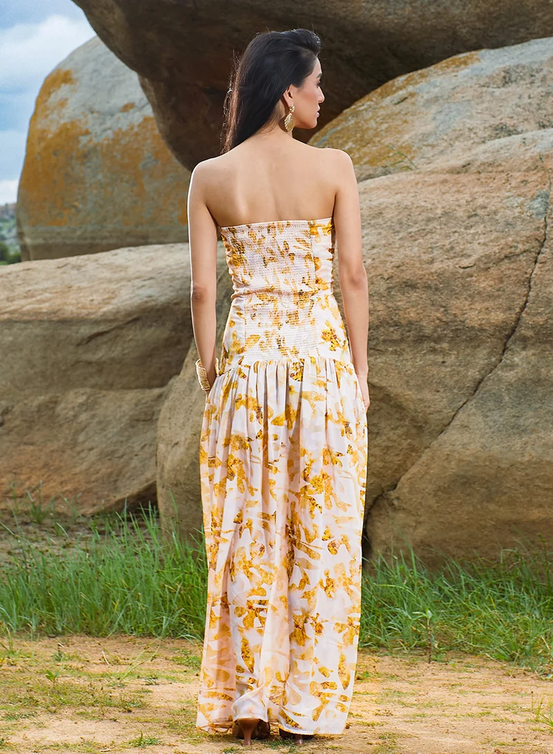 Pinacolada  Women's Mustard Yellow Blurry Bandeau Dress For Casual Wear | Off-Shoulder | Sleeveless | Pull On Closure | Dress Designed With Comfortable Fit For Woman & Girls for Women | Best Price UAE